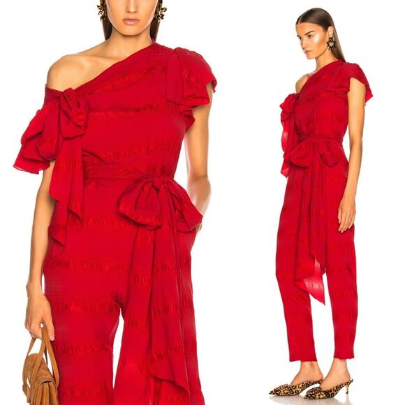 Rachel Comey Stance Silk Blend Smocked Seersucker Jumpsuit Red Christmas Size 0 - Picture 2 of 7